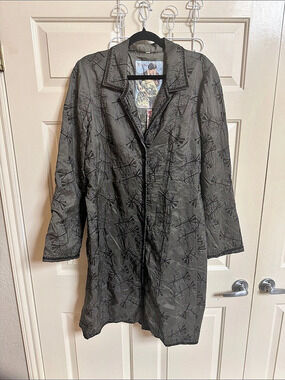 BIYA Johnny Was Embroidered Silk Blend Floral Coat Gray XL boho Gypsy